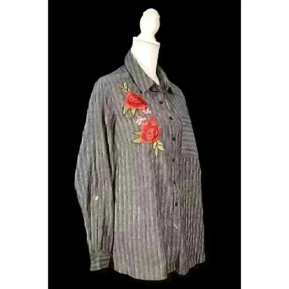 UNIQUE SPECTRUM Womans GRAY Blouse ROSES Applicate Lightweight Long Sleeve 1x 16 - Picture 3 of 8